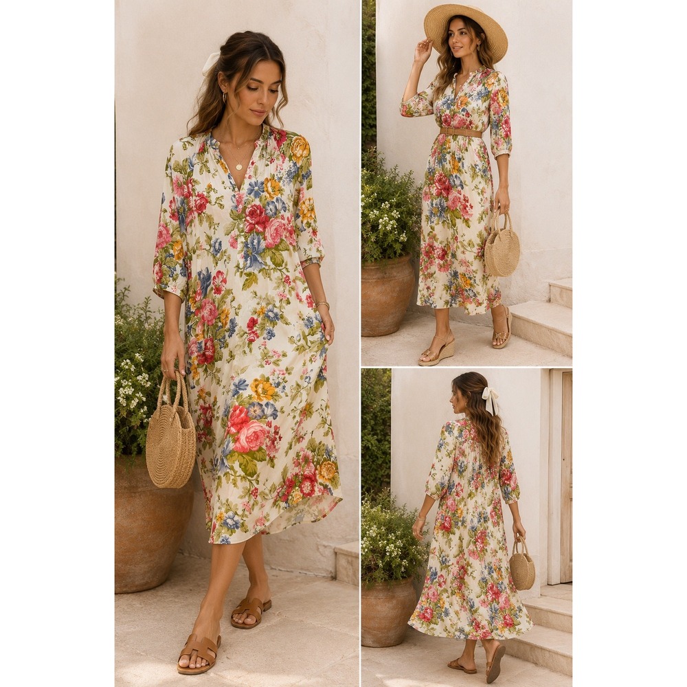 Zara Romantic Floral Midi Dress Cream Red Rose Button Front Viscose XS